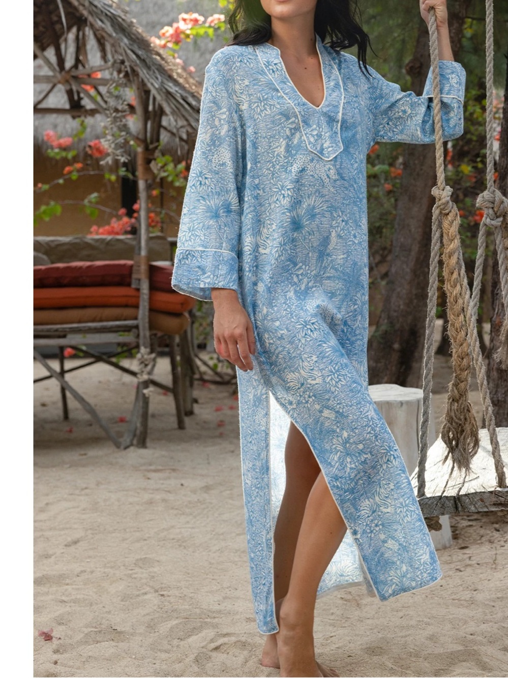 MISS JUNE Paris Lulu Maxi Dress Cotton Small/Medium Blue White Tropical Resort